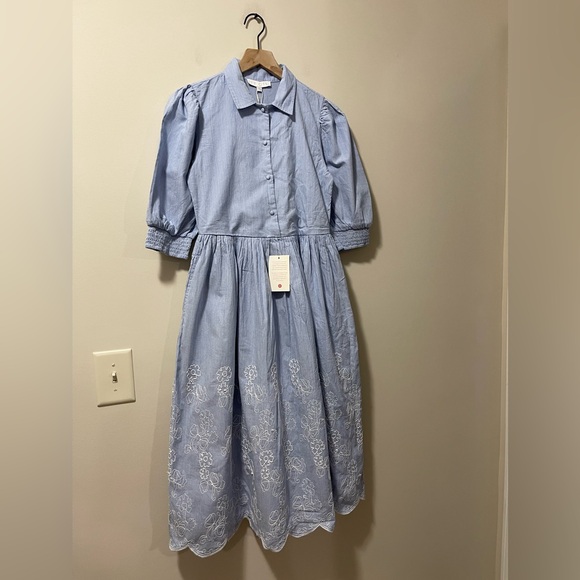 NWT Ivy City Co Chambray White Floral Embroider Scallop Midi Shirt Dress Size XS - Picture 4 of 12